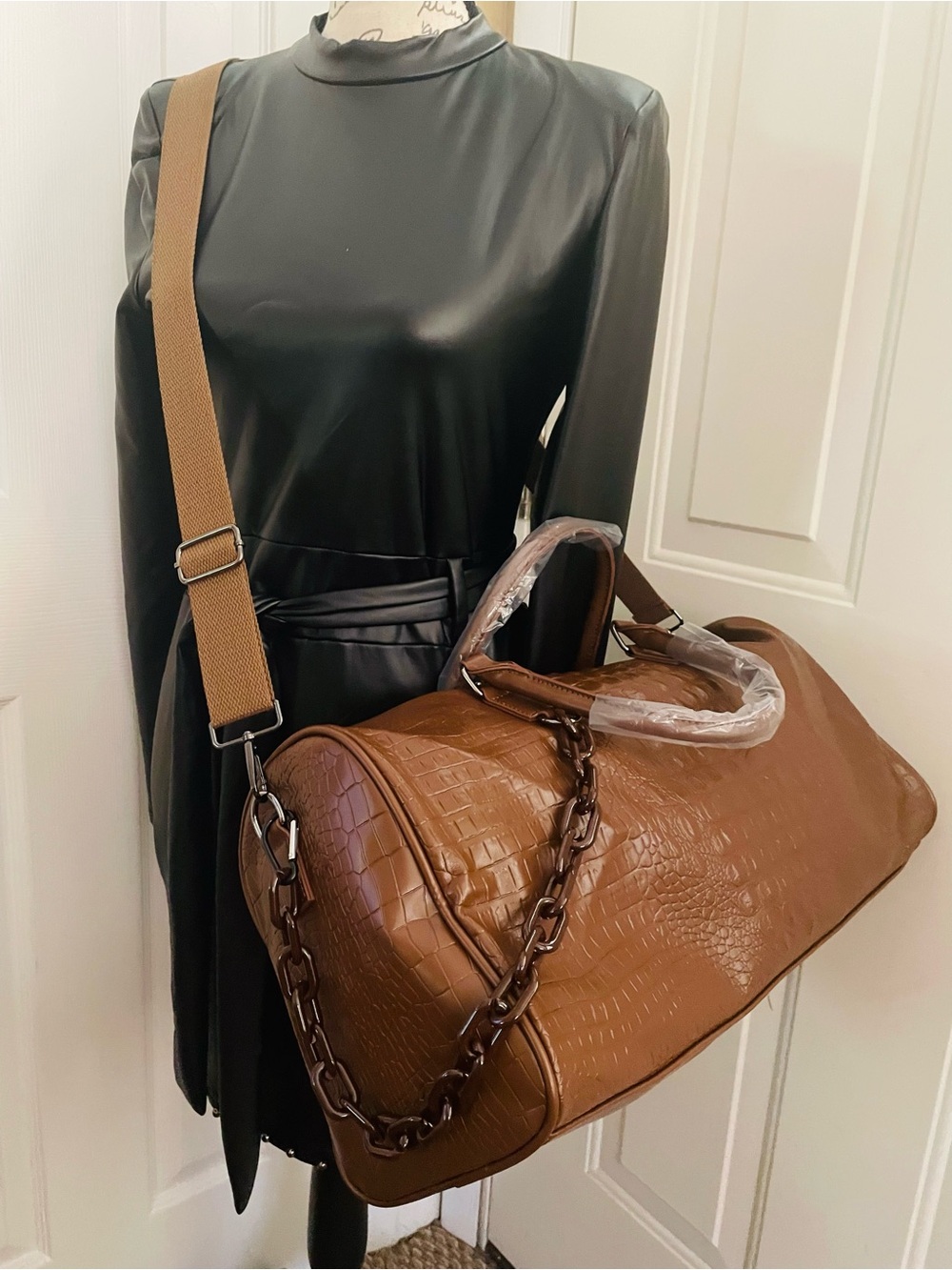 Cognac Croc-Embossed Travel Duffel with Detachable Strap